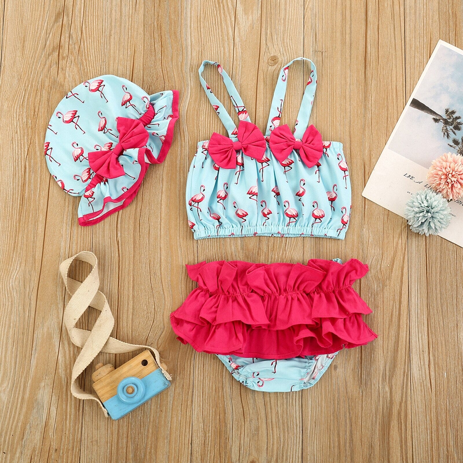 Biquíni Infantil Flamingo + Chapéu