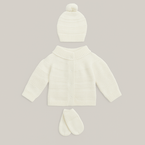 Kit 3 peças Bebê Casaco Tricot Gorro E Luva Off White